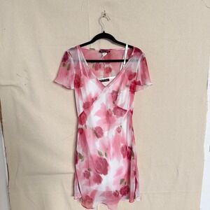 Born In America Pink Floral Sheer Mini Dress with Slip Size 7/8 Y2K V-Neck